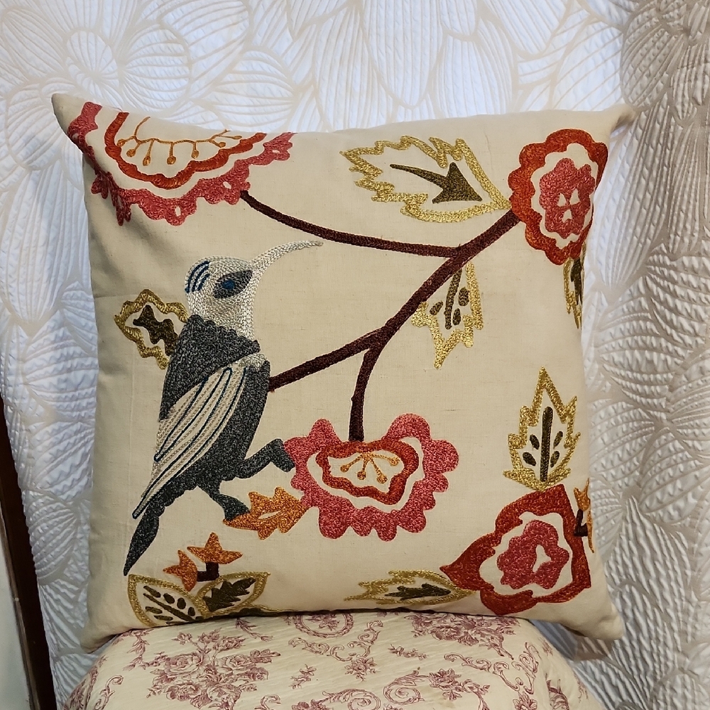 Cost Plus World Market Bird Floral Linen Cotton Accent Pillow Cottagecore Boho